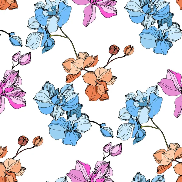 Vector Pink and blue orchid flower. Engraved ink art. Seamless background pattern. Fabric wallpaper print texture. — Stock Vector