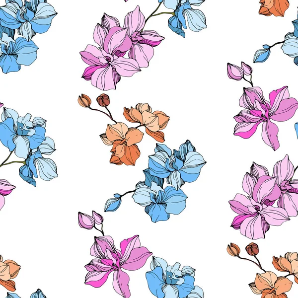 Vector Pink and blue orchid flower. Engraved ink art. Seamless background pattern. Fabric wallpaper print texture. — Stock Vector