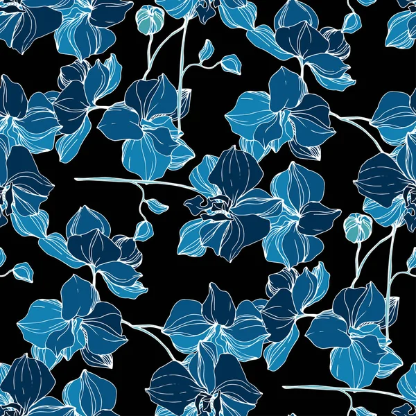 Vektor blå orkidé botanisk blomma. Graverad bläck konst. Sömlöst bakgrundsmönster. Tyg tapet Print textur. — Stock vektor