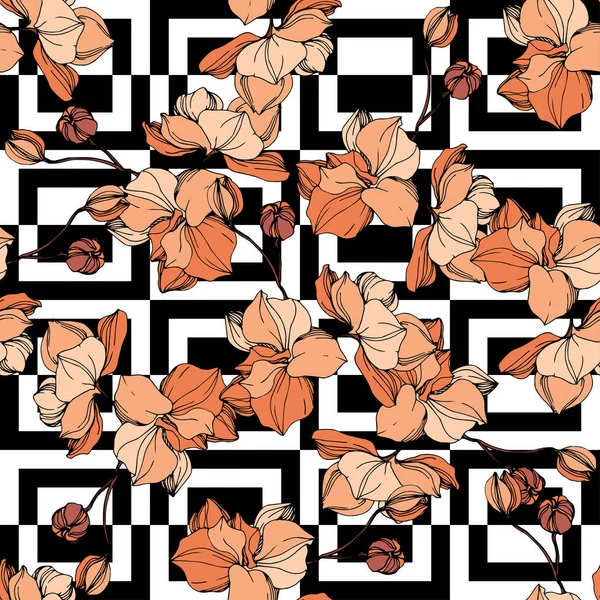 Vector Naranja flor botánica orquídea. Arte de tinta grabada. Patrón de fondo sin costuras. Textura de impresión de papel pintado de tela . — Vector de stock