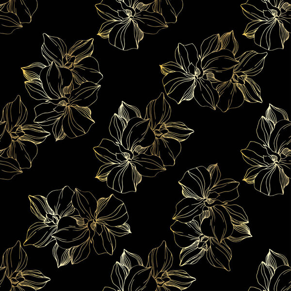 Vector Golden orchid botanical flower. Engraved ink art. Seamless background pattern. Fabric wallpaper print texture.