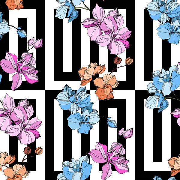 Vector Pink and blue orchid flower. Engraved ink art. Seamless background pattern. Fabric wallpaper print texture. — Stock Vector