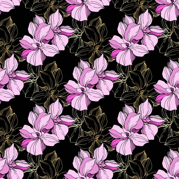 Vector Rosa flor botánica orquídea. Arte de tinta grabada. Patrón de fondo sin costuras. Textura de impresión de papel pintado de tela . — Vector de stock