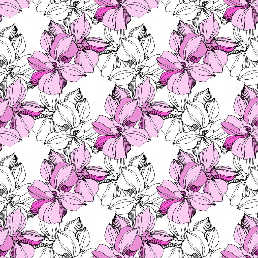 Vector Pink and blue orchid flower. Engraved ink art. Seamless background pattern. Fabric wallpaper print texture.