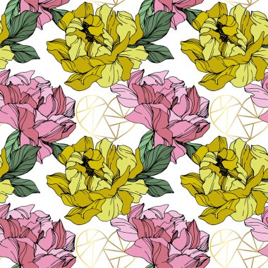 Vektör Pembe ve sarı şakayık çiçek. Oyulmuş mürekkep sanatı. Kusursuz arka plan deseni. Kumaş duvar kağıdı baskı doku.