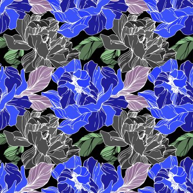 Vector Blue peony flower. Engraved ink art. Seamless background pattern. Fabric wallpaper print texture. clipart