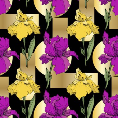 Vector Purple, yellow and blue iris. Floral botanical flower. Wild spring leaf wildflower isolated. Engraved ink art. Seamless background pattern. Fabric wallpaper print texture. clipart