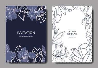 Vektör Mavi, mor ve sarı iris botanik çiçek. Oyulmuş mürekkep sanatı. Düğün arka plan kartı çiçek dekoratif sınır. Teşekkür ederim, rsvp, davet zarif kart illüstrasyon grafik seti afiş.