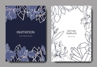 Vector Blue, purple and yellow iris botanical flower. Engraved ink art. Wedding background card floral decorative border. Thank you, rsvp, invitation elegant card illustration graphic set banner. clipart