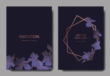 Vector Blue, purple and yellow iris botanical flower. Engraved ink art. Wedding background card floral decorative border. Thank you, rsvp, invitation elegant card illustration graphic set banner. clipart