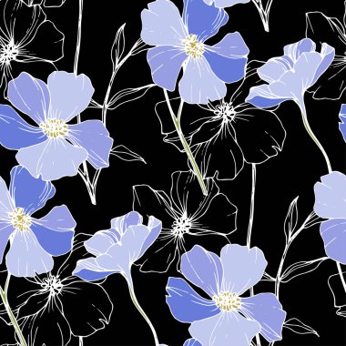 Vector Blue flax botanical flower. Engraved ink art. Seamless background pattern. Fabric wallpaper print texture. clipart