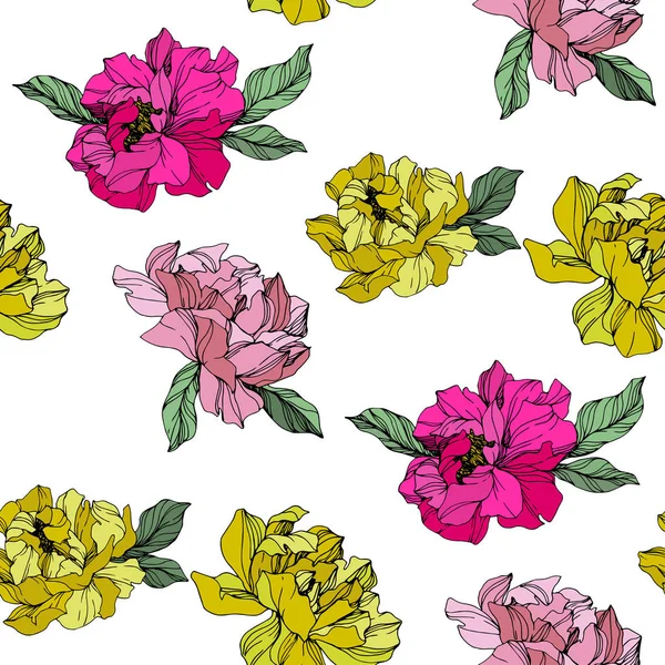 Vector roze en gele Peony bloem. Gegraveerde inkt kunst. Naadloos achtergrond patroon. Stof wallpaper print textuur. — Stockvector