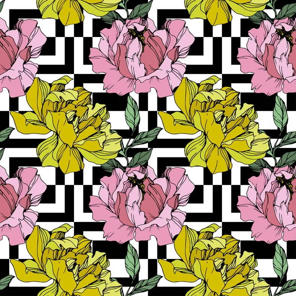 Vector Pink and yellow peony flower. Engraved ink art. Seamless background pattern. Fabric wallpaper print texture. — Stock Vector