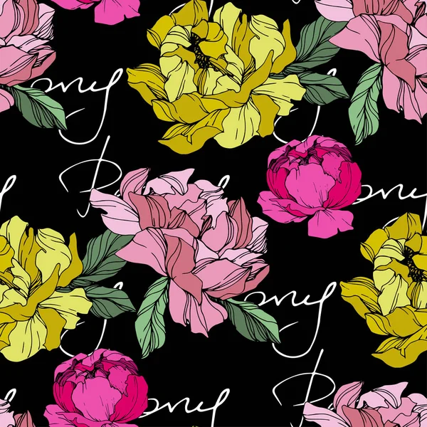 Vector Pink og gul pæon blomst. Indgraveret blæk kunst. Problemfri baggrund mønster. Stof tapet print tekstur . – Stock-vektor