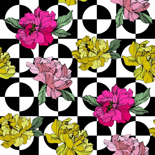 Vector Pink and yellow peony flower. Engraved ink art. Seamless background pattern. Fabric wallpaper print texture. — Stock Vector