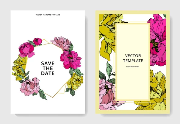 Βέκτορ ροζ και κίτρινο λουλούδι παιωνία. Χαραγμένη τέχνη μελανιού. Φόντο γάμου. Σας ευχαριστώ, πρόσκληση σε απάντηση, προσκλητήριο κομψό σετ καρτών. — Διανυσματικό Αρχείο