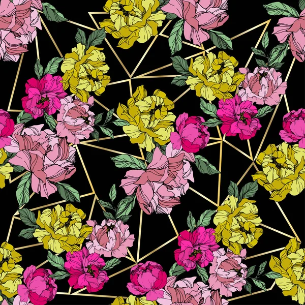 Vektor rosa och gul pion blomma. Graverad bläck konst. Sömlöst bakgrundsmönster. Tyg tapet Print textur. — Stock vektor