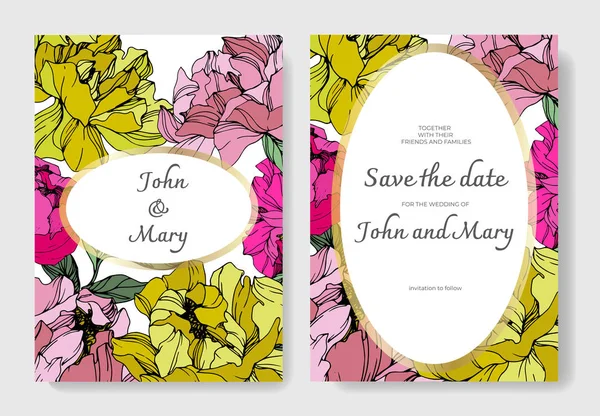 वेक्टर गुलाबी और पीला मूंगफली फूल। उत्कीर्ण स्याही कला। शादी की पृष्ठभूमि। धन्यवाद, आरएसवीपी, निमंत्रण सुरुचिपूर्ण कार्ड सेट . — स्टॉक वेक्टर