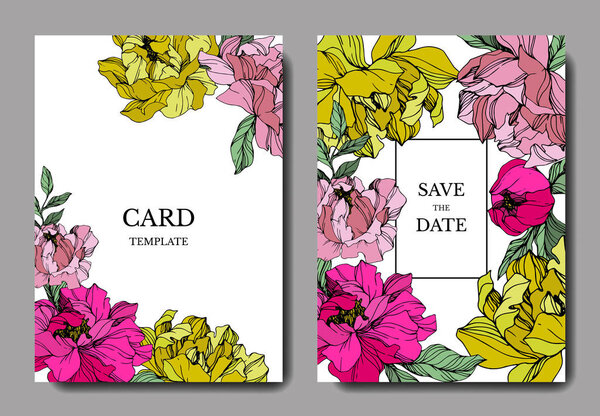 Vector Pink and yellow peony flower. Engraved ink art. Wedding background. Thank you, rsvp, invitation elegant card set.