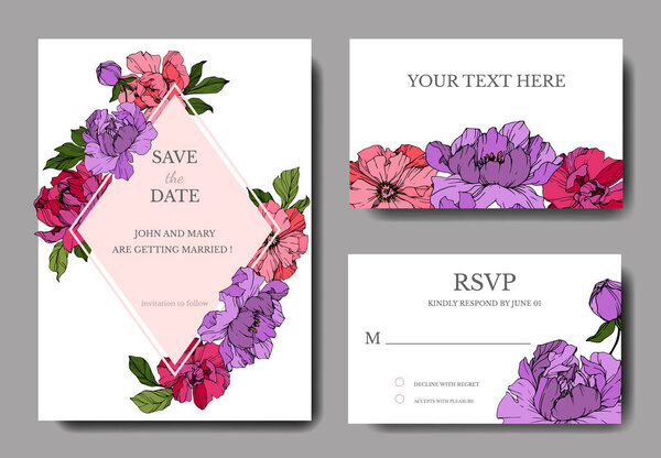 Vector Purple and pink peony. Engraved ink art. Wedding background card. Thank you, rsvp, invitation card.