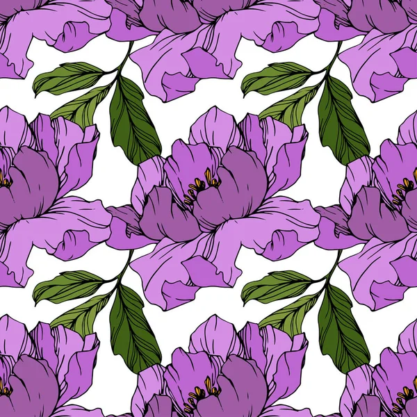Vector Purple peony flower. Engraved ink art. Seamless background pattern. Fabric wallpaper print texture. — Stock Vector
