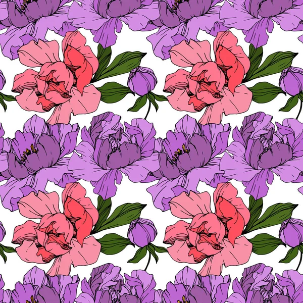 Vector Pink and purple peony flower. Engraved ink art. Seamless background pattern. Fabric wallpaper print texture. — Stock Vector
