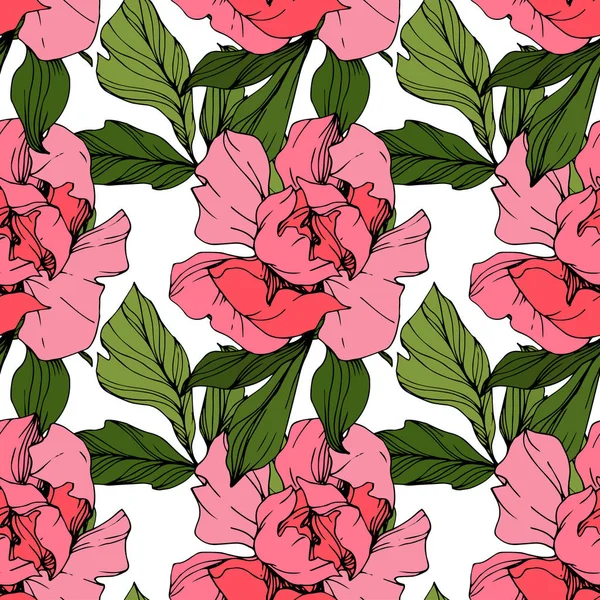 Vector flor de peonía rosa. Arte de tinta grabada. Patrón de fondo sin costuras. Textura de impresión de papel pintado de tela . — Vector de stock