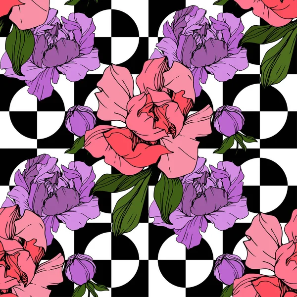 Vector Rosa y flor de peonía púrpura. Arte de tinta grabada. Patrón de fondo sin costuras. Textura de impresión de papel pintado de tela . — Vector de stock