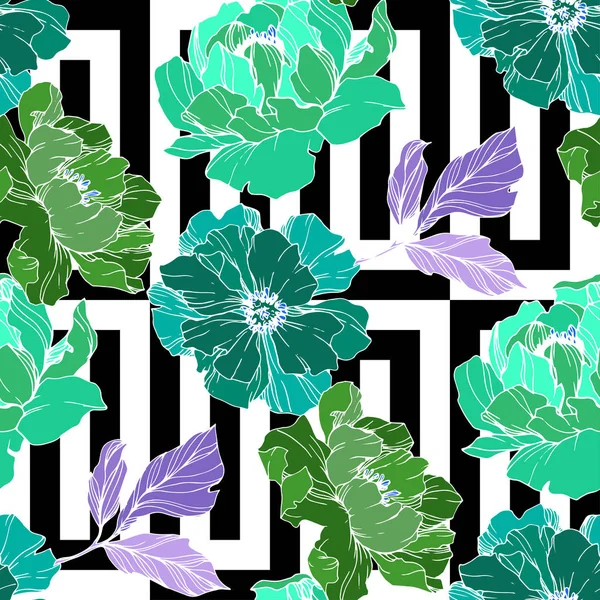 Vector Green peony flower. Engraved ink art. Seamless background pattern. Fabric wallpaper print texture. — Stock Vector