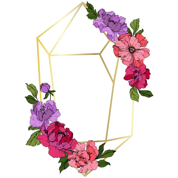 Vector rosa e peônia roxa. Floral flor botânica. Arte de tinta gravada. Quadro borda ornamento quadrado . —  Vetores de Stock