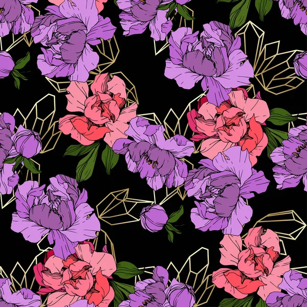 Vector Rosa y flor de peonía púrpura. Arte de tinta grabada. Patrón de fondo sin costuras. Textura de impresión de papel pintado de tela . — Vector de stock
