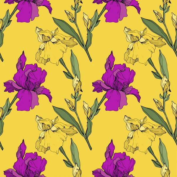 矢量紫色 黄色和蓝色虹膜 花卉植物花 野生春叶野花分离 雕刻油墨艺术 无缝的背景模式 织物壁纸打印纹理 — 图库矢量图片