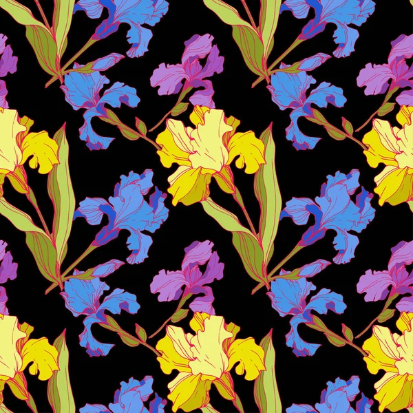 Vector Iris virágos botanikus virág. Folytonos háttérmintázat. Szövet tapéta nyomtatási textúra. — Stock Vector