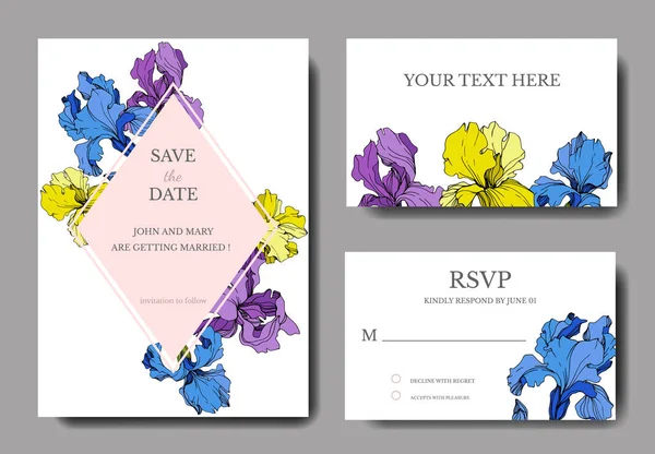Vector Wedding Invitation Cards Irises Lettering — Stock Vector