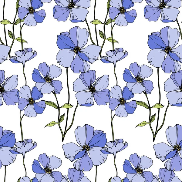 Vector blauwe vlas botanische bloem. Gegraveerde inkt kunst. Naadloos achtergrond patroon. Stof wallpaper print textuur. — Stockvector