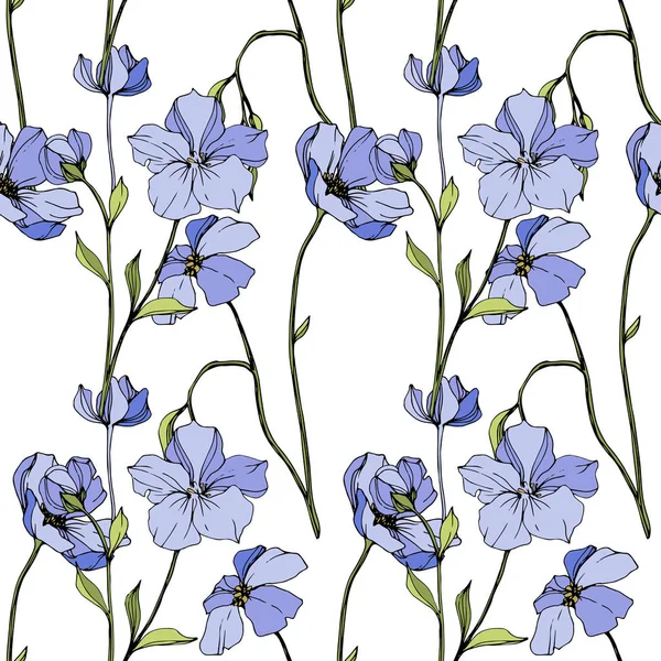 Vector Flor botánica de lino azul. Arte de tinta grabada. Patrón de fondo sin costuras. Textura de impresión de papel pintado de tela . — Vector de stock