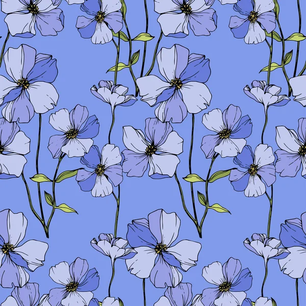 Vector Blue flax botanical flower. Engraved ink art. Seamless background pattern. Fabric wallpaper print texture. — Stock Vector