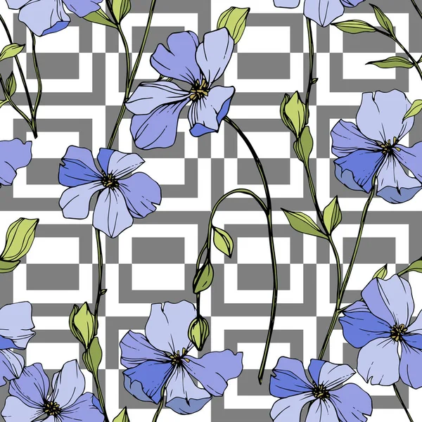 Ανυσματικό μπλε λινάρι βοτανικό λουλούδι. Χαραγμένη τέχνη μελανιού. Ομαλή μοτίβο φόντου. Ύφασμα ταπετσαρία εκτύπωσης υφή. — Διανυσματικό Αρχείο