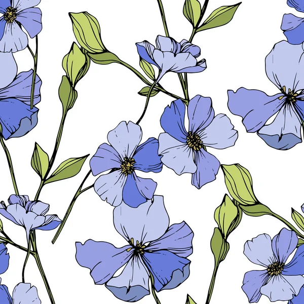 Lněná Botanická květina vektorová modrá. Ryté inkoustové kresby. Bezespání vzorek pozadí. Textura pro tisk tapety. — Stockový vektor