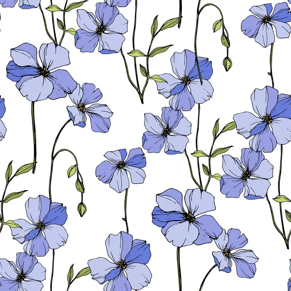 Vector blauwe vlas botanische bloem. Gegraveerde inkt kunst. Naadloos achtergrond patroon. Stof wallpaper print textuur. — Stockvector