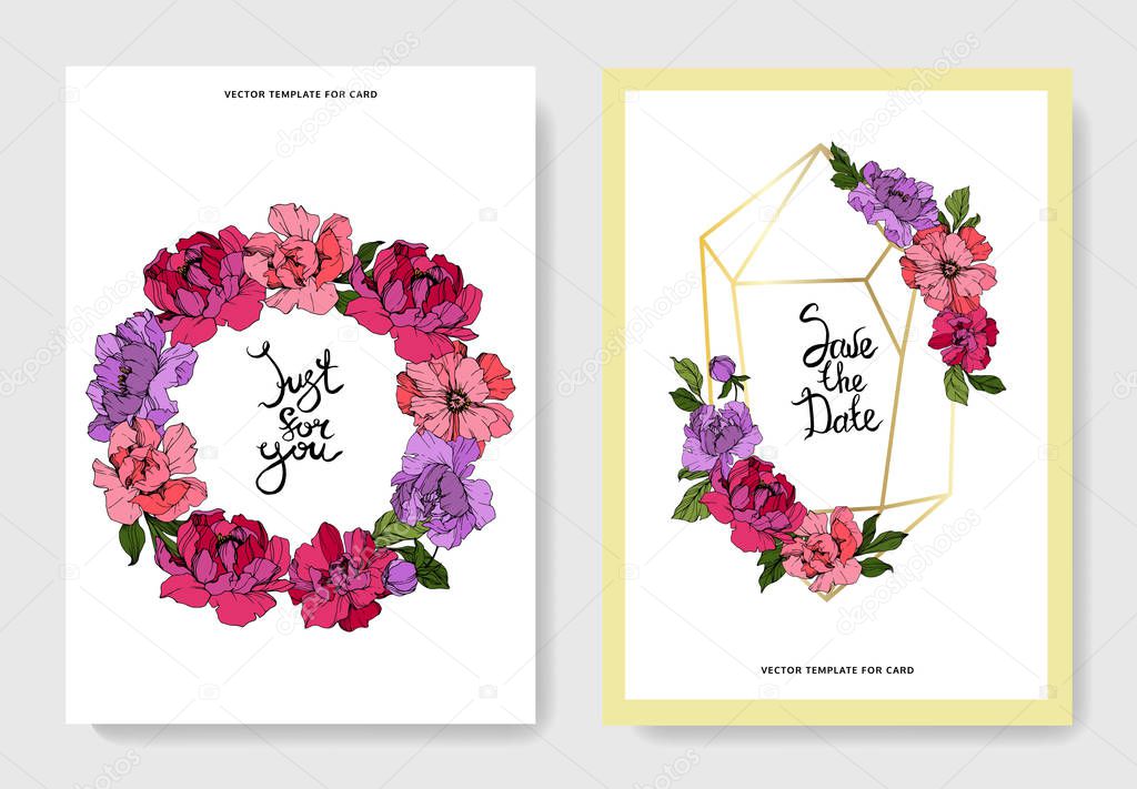 Vector Purple and pink peony. Engraved ink art. Wedding background card. Thank you, rsvp, invitation card.