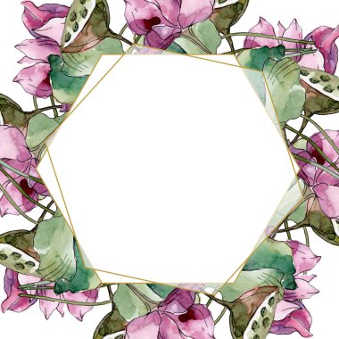 Lotus çiçek botanik çiçekler. Yabani bahar yaprağı kır çiçeği izole. Suluboya arka plan illüstrasyon seti. Suluboya çizim moda aquarelle izole. Çerçeve kenar kristal süs kare.