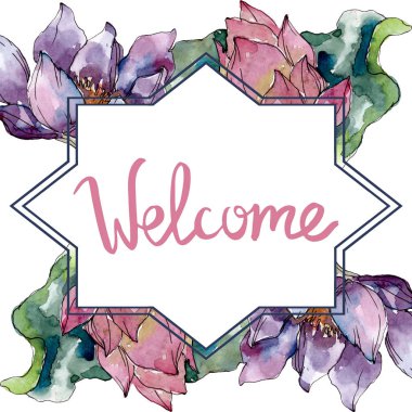 Lotus çiçek botanik çiçekler. Yabani bahar yaprağı kır çiçeği izole. Suluboya arka plan illüstrasyon seti. Suluboya çizim moda aquarelle izole. Çerçeve kenarlık süs karesi.