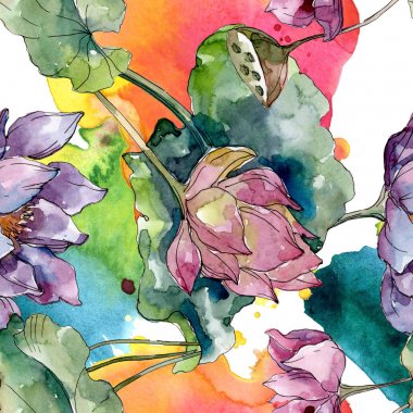 Lotus floral botanical flowers. Wild spring leaf wildflower. Watercolor illustration set. Watercolour drawing fashion aquarelle. Seamless background pattern. Fabric wallpaper print texture. clipart