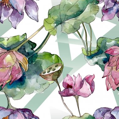 Lotus çiçek botanik çiçekler. Yabani bahar yaprağı kır çiçeği. Suluboya illüstrasyon seti. Suluboya çizim moda aquarelle. Kusursuz arka plan deseni. Kumaş duvar kağıdı baskı doku.
