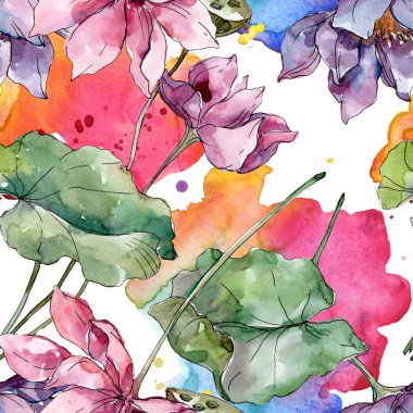 Lotus çiçek botanik çiçekler. Yabani bahar yaprağı kır çiçeği. Suluboya illüstrasyon seti. Suluboya çizim moda aquarelle. Kusursuz arka plan deseni. Kumaş duvar kağıdı baskı doku.