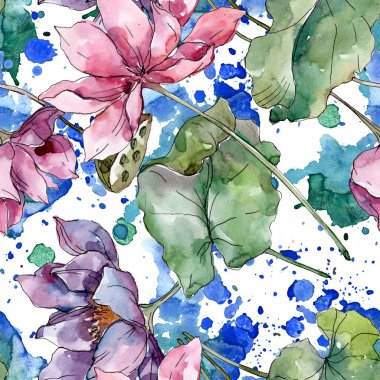 Lotus çiçek botanik çiçekler. Yabani bahar yaprağı kır çiçeği. Suluboya illüstrasyon seti. Suluboya çizim moda aquarelle. Kusursuz arka plan deseni. Kumaş duvar kağıdı baskı doku.