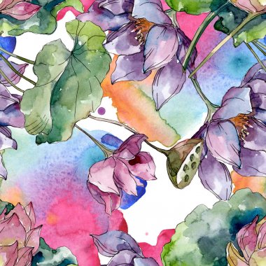 Lotus çiçek botanik çiçekler. Yabani bahar yaprağı kır çiçeği. Suluboya illüstrasyon seti. Suluboya çizim moda aquarelle. Kusursuz arka plan deseni. Kumaş duvar kağıdı baskı doku.
