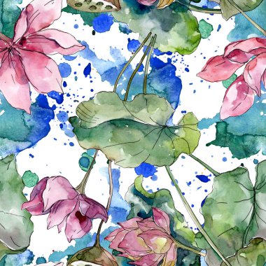 Lotus çiçek botanik çiçekler. Yabani bahar yaprağı kır çiçeği. Suluboya illüstrasyon seti. Suluboya çizim moda aquarelle. Kusursuz arka plan deseni. Kumaş duvar kağıdı baskı doku.