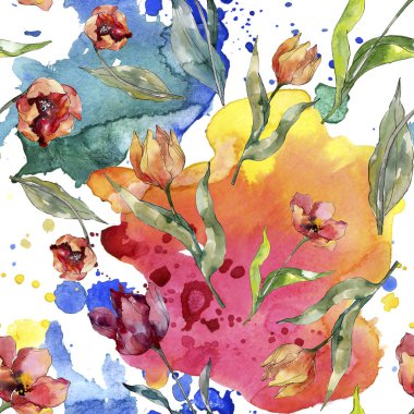 Kırmızı lale çiçek botanik çiçek. Yabani bahar yaprağı kır çiçeği. Suluboya illüstrasyon seti. Suluboya çizim moda aquarelle. Kusursuz arka plan deseni. Kumaş duvar kağıdı baskı doku.